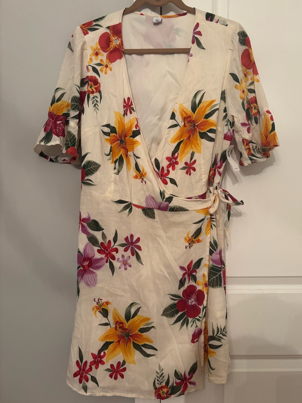 NWT Old Navy Floral Wrap Dress V-Neck Short Sleeve Orange White Summer Size 12